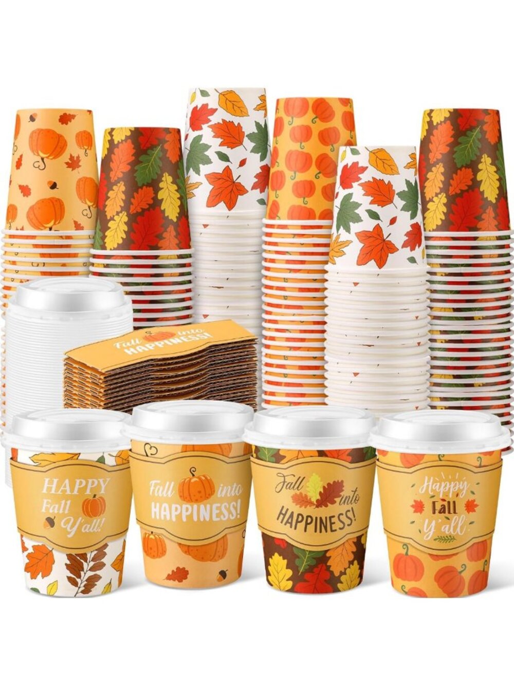 100 Sets 8 oz Fall Disposable Coffee Cups with Lids & Sleeves - Perfect for